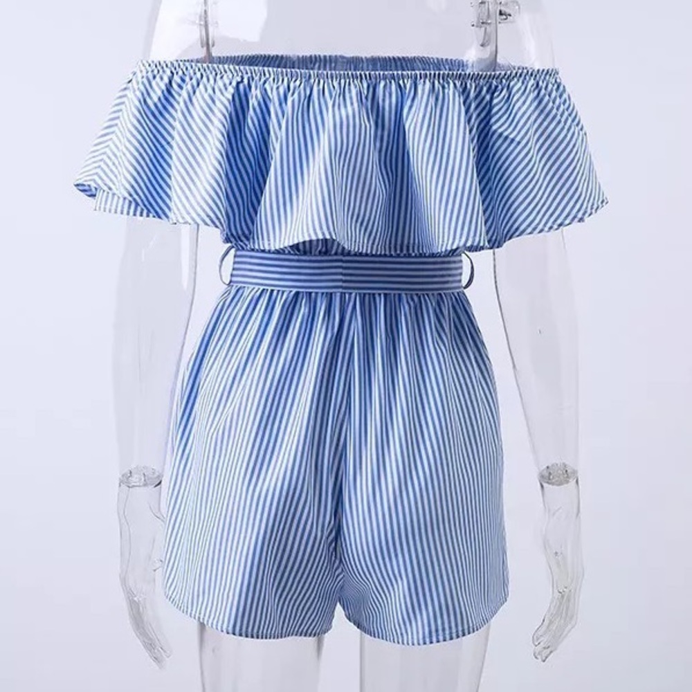 Blue Striped Off Shoulder Jumpsuit with Tie Waist - Picture 11 of 14